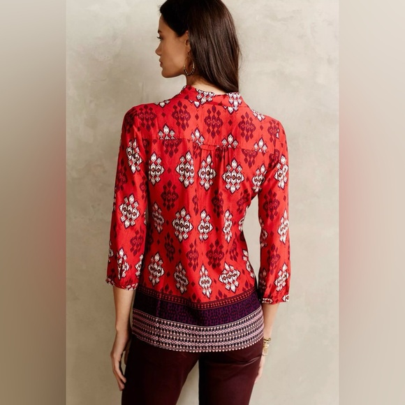 Maeve Anthropologie Woodland Walk Aztec Print  Button Down Blouse Tunic Size 0 - Picture 3 of 14